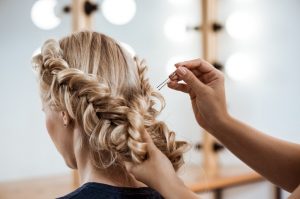 Female Hairdresser Making Hairstyle Blonde Woman Beauty Salon 1